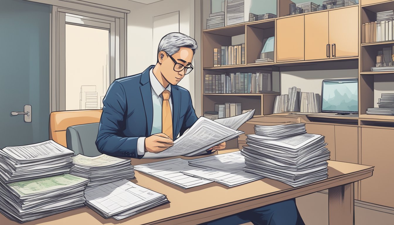 A person comparing HDB and bank loan options in Singapore, surrounded by financial documents and calculators, weighing the pros and cons