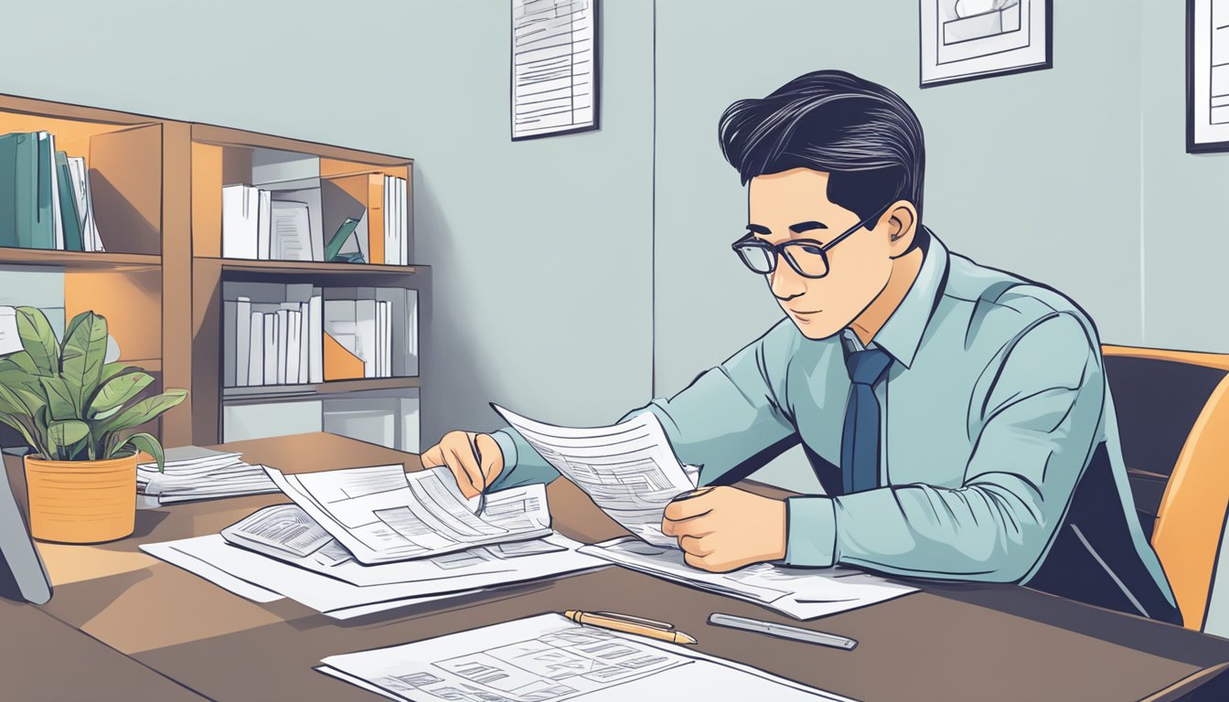 A person sitting at a desk comparing documents labeled "Refinancing and Restructuring Options hdb vs bank loan singapore" with a thoughtful expression