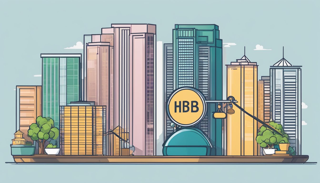 A scale weighing regulations and market trends, with a bank and HDB loan on opposite sides, symbolizing the decision-making process in Singapore