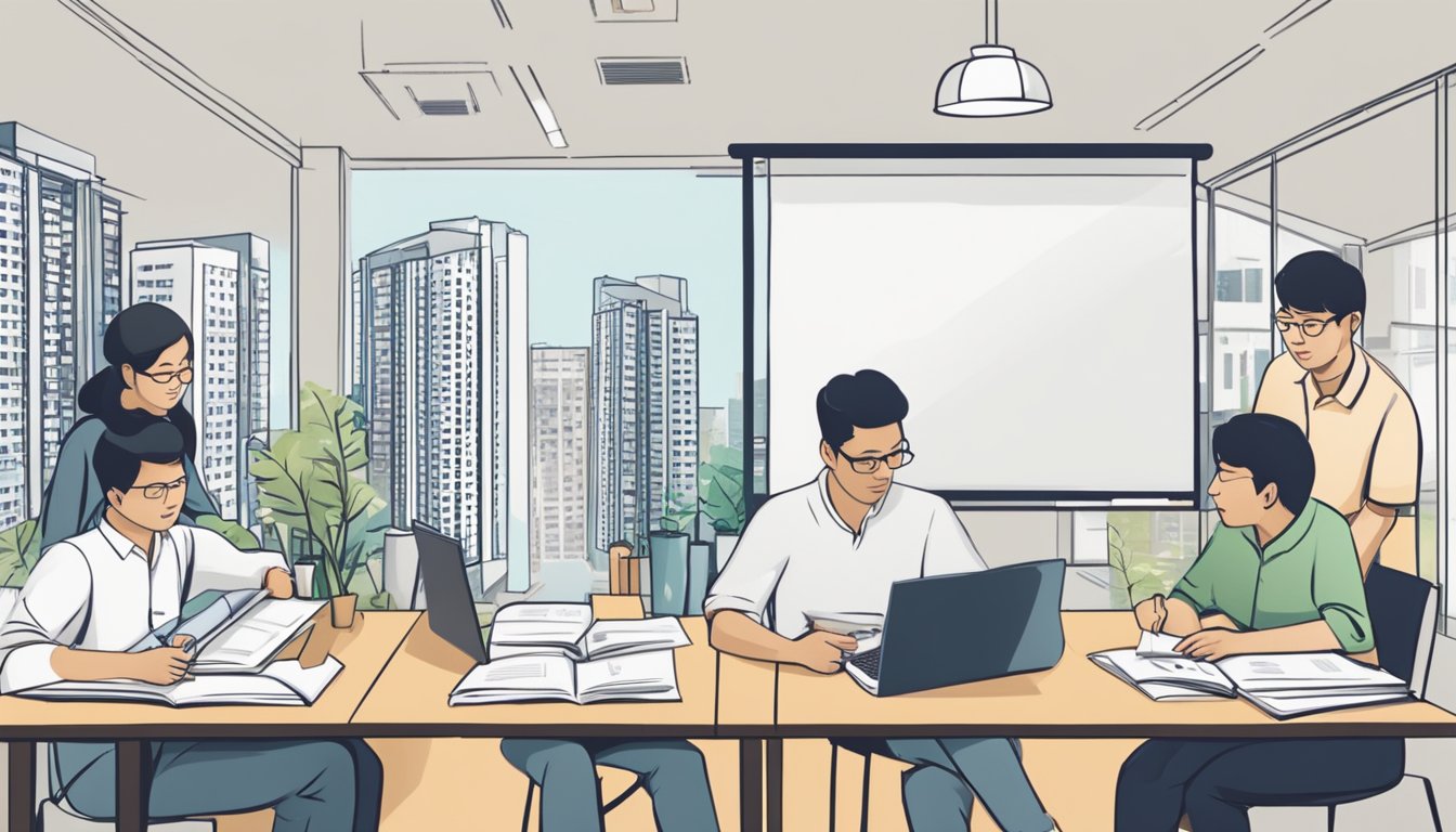 Potential homebuyers comparing HDB and bank loan options in Singapore. Tables with brochures, charts, and a whiteboard with pros and cons