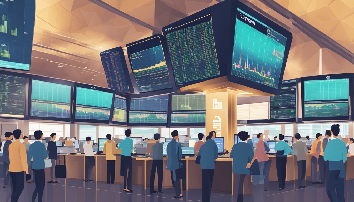 A bustling Singapore stock exchange with high dividend yield stocks displayed on digital screens