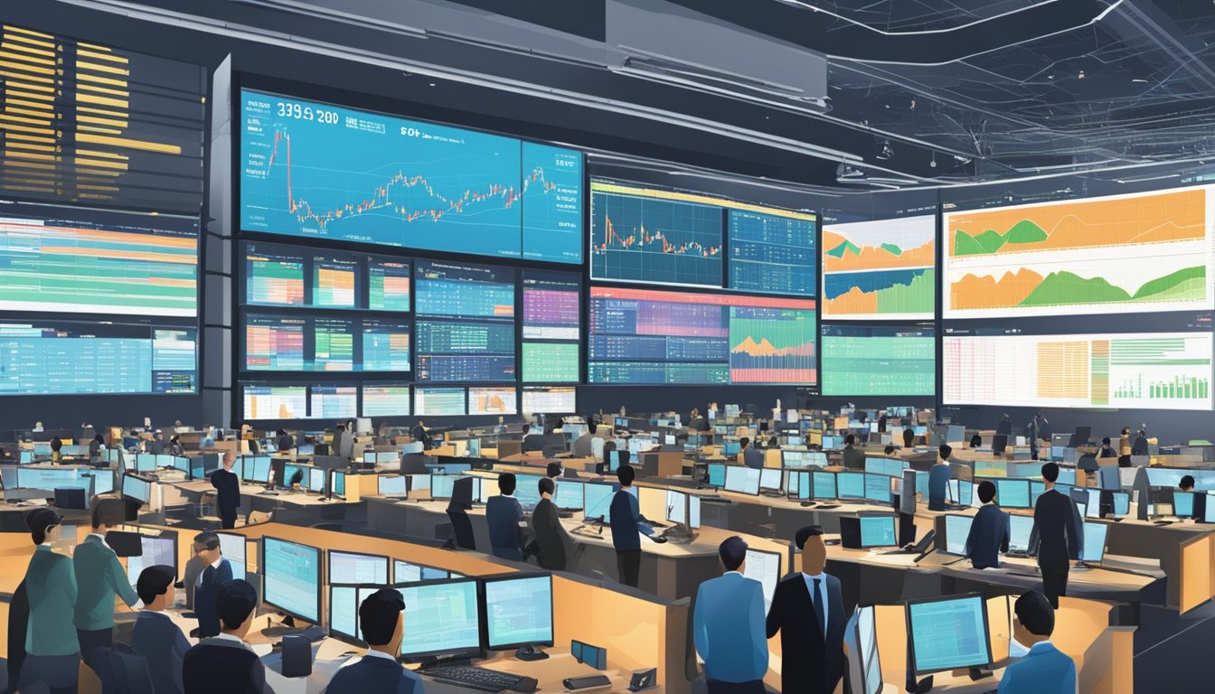 A bustling Singapore stock exchange floor with high dividend yield stocks displayed on digital screens and traders exchanging lively conversations