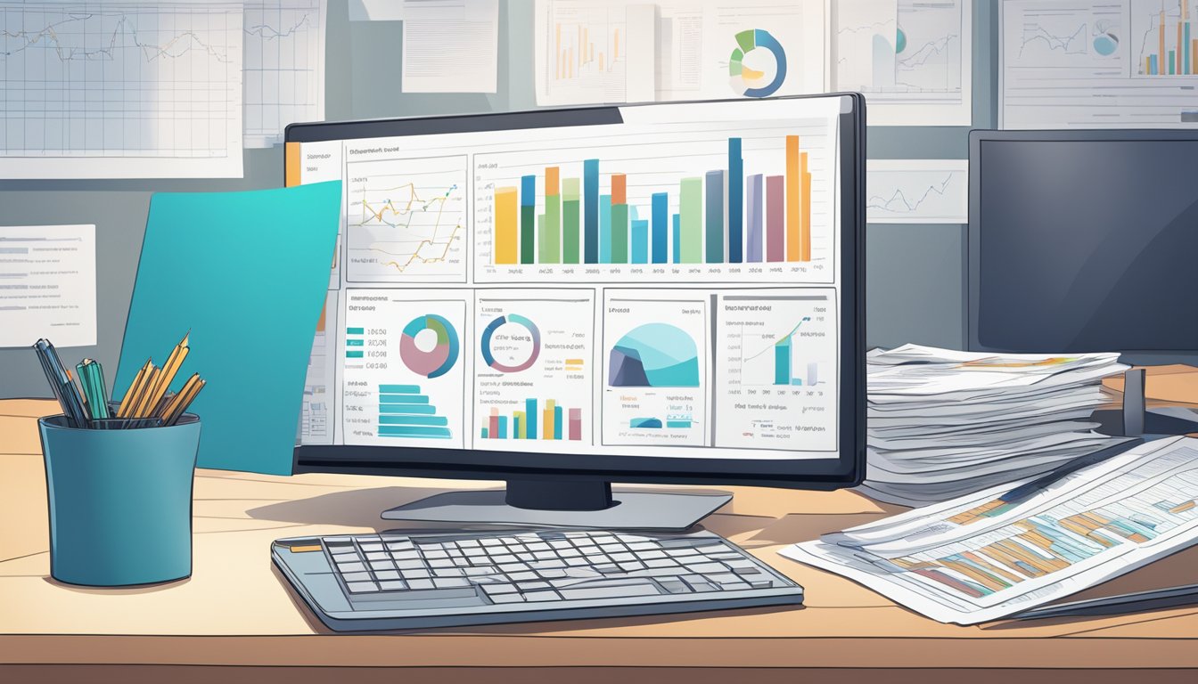 A desk cluttered with financial reports, charts, and a laptop displaying stock market data. A stack of dividend stock prospectuses sits prominently on the desk
