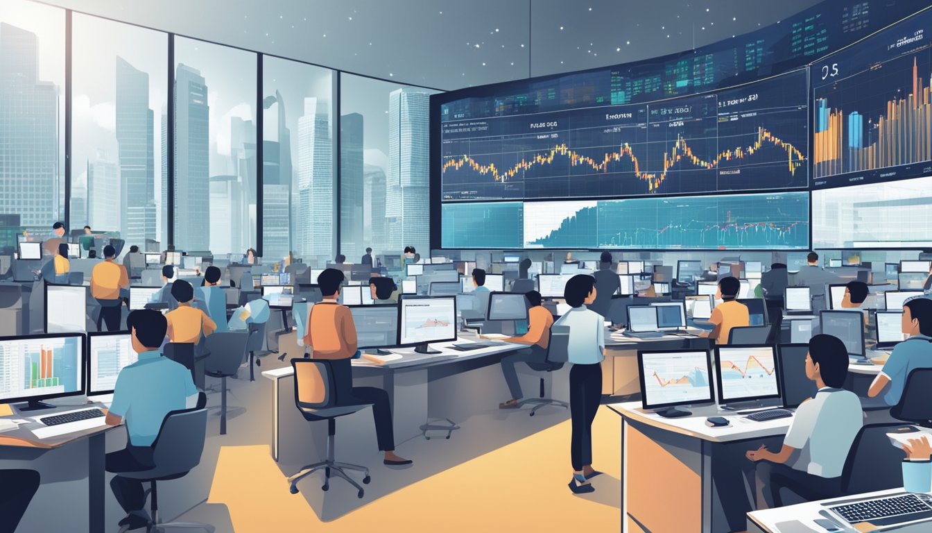 A bustling Singapore stock exchange with charts and graphs, highlighting high dividend yield stocks. Investors analyzing risks and considerations
