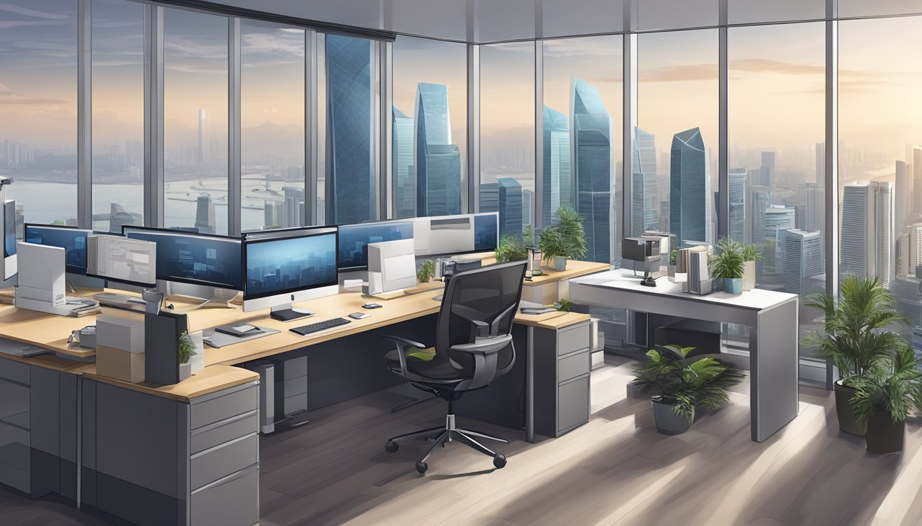 A modern office in Singapore with a skyline view, luxurious decor, and high-tech equipment, symbolizing high salary jobs