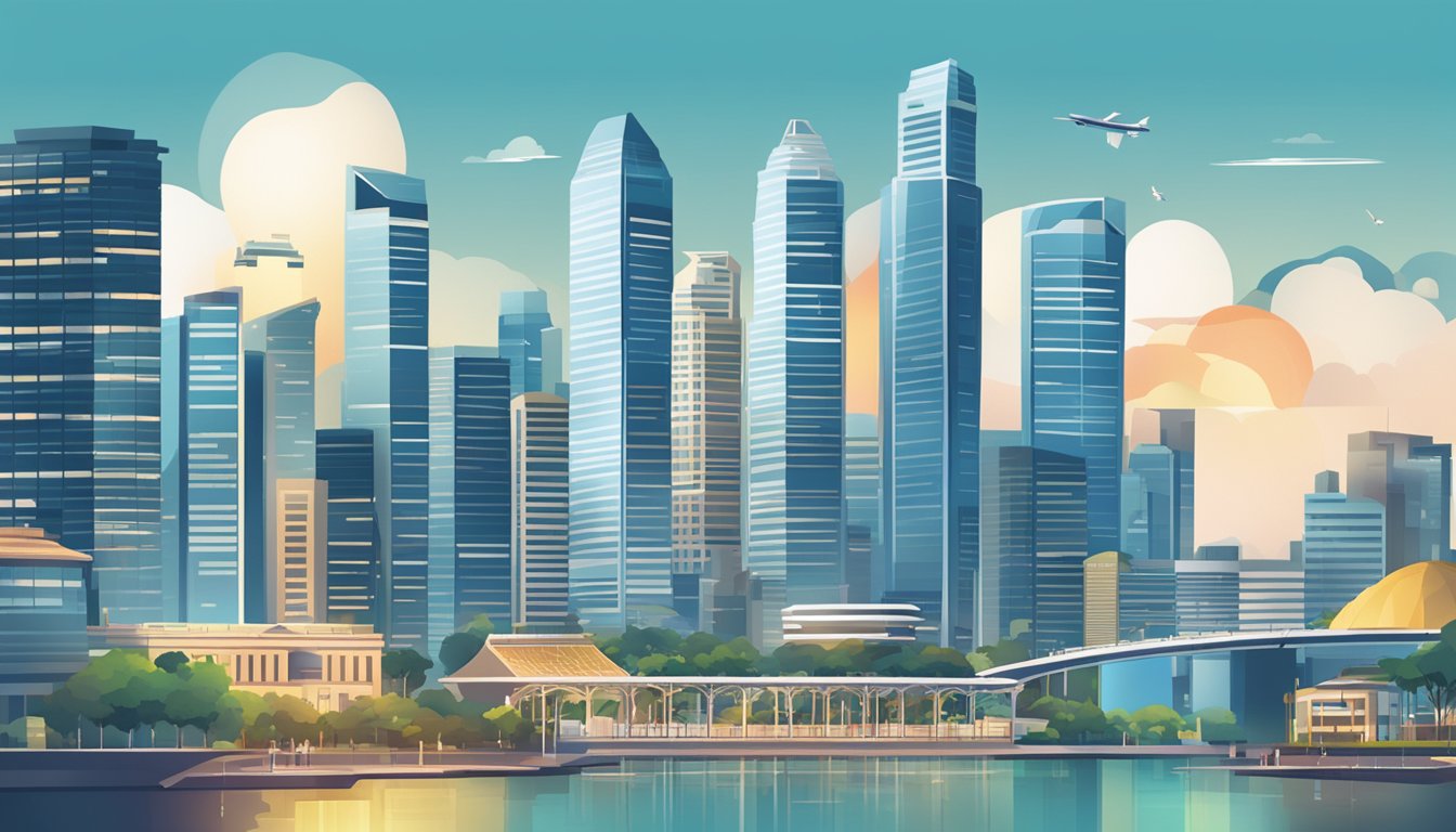 A bustling city skyline with prominent corporate buildings and financial institutions, symbolizing the top industries for high salary jobs in Singapore