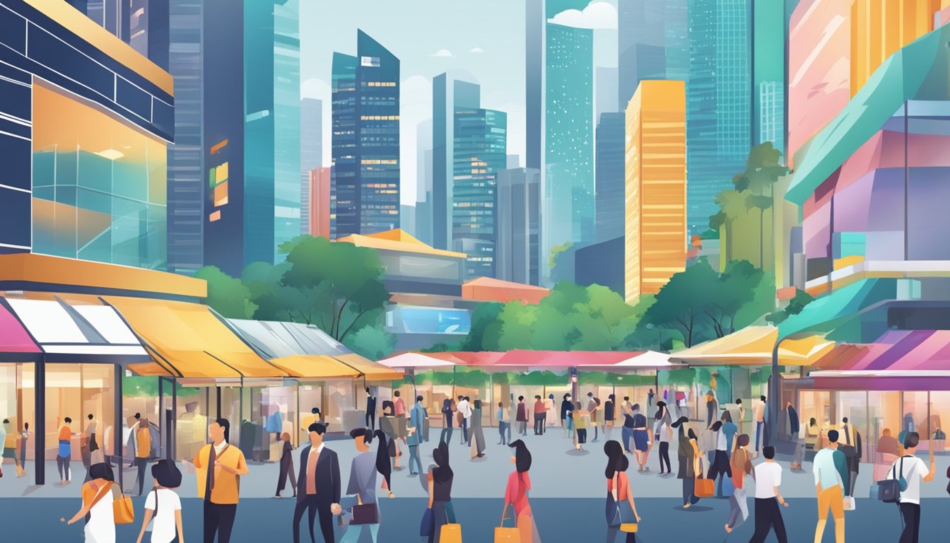 Job market in Singapore: bustling cityscape with skyscrapers, job fairs, and networking events. High salary offers are advertised on billboards and digital screens
