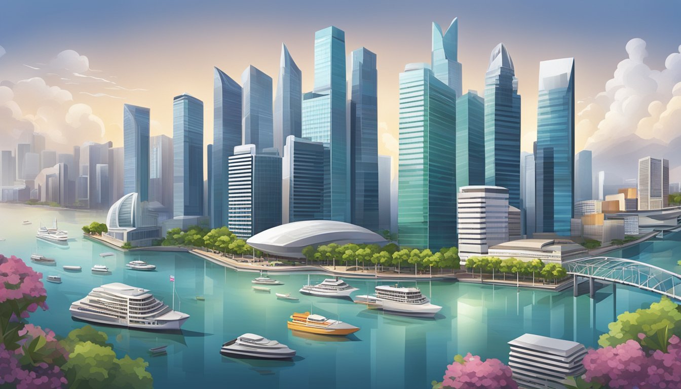 A bustling cityscape with skyscrapers and a prominent financial district, depicting the high-paying job market in Singapore