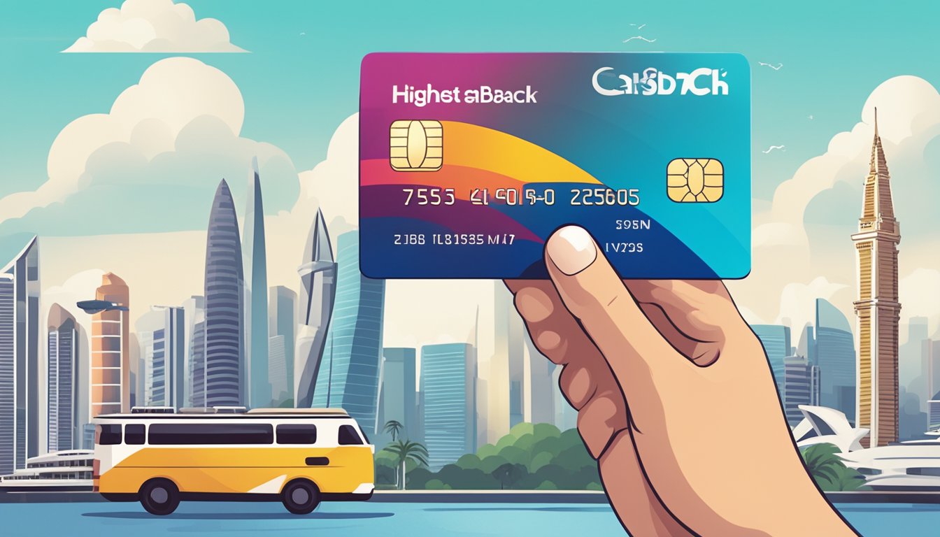 A hand holding a credit card with "highest cashback" written on it, against a backdrop of iconic Singapore landmarks