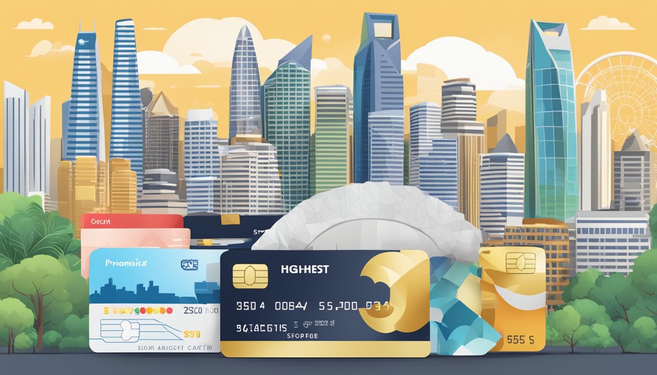 A stack of cashback credit cards with Singaporean landmarks in the background. Text "Highest Cashback Card Singapore" prominently displayed