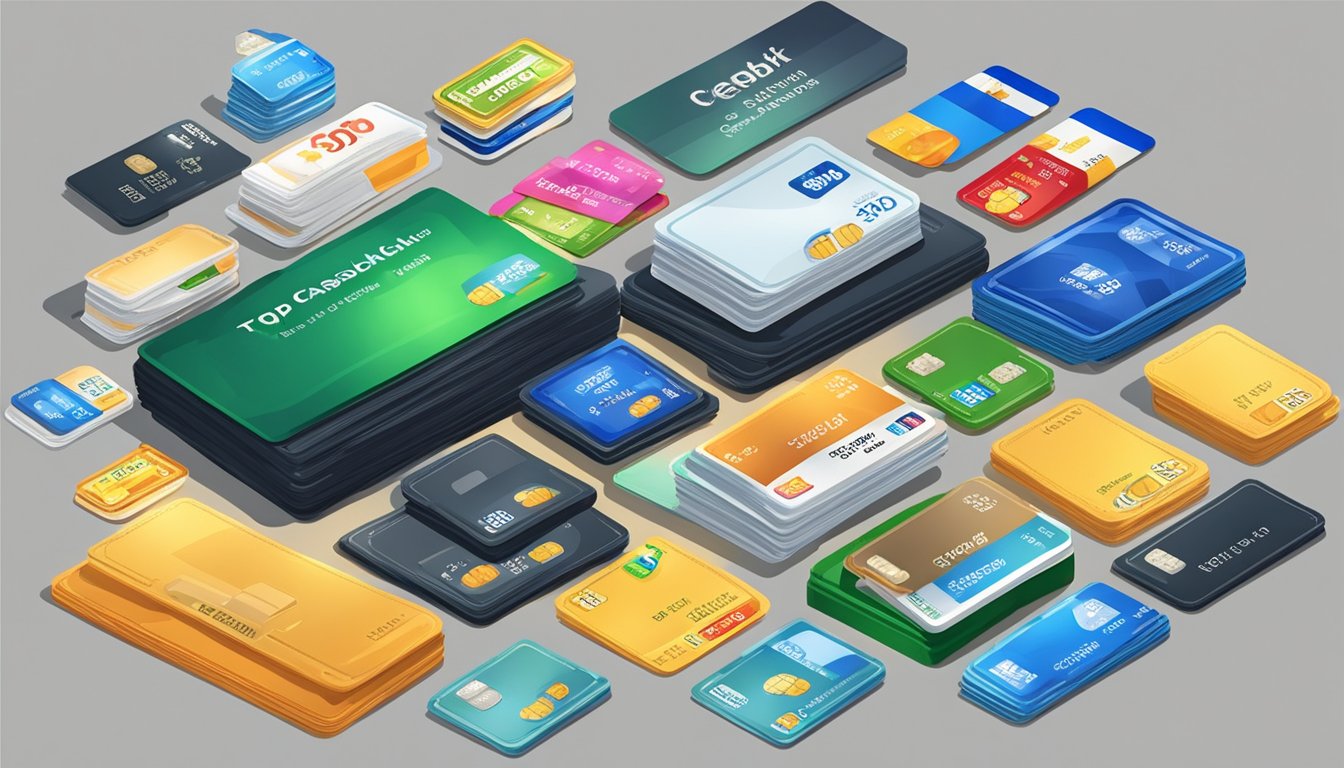 A stack of credit cards with "Top Cashback" labels, surrounded by everyday items like groceries, gas, and bills