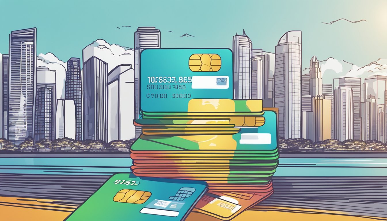 A stack of credit cards with "Maximising Cashback Rewards" displayed, against a backdrop of the Singapore skyline