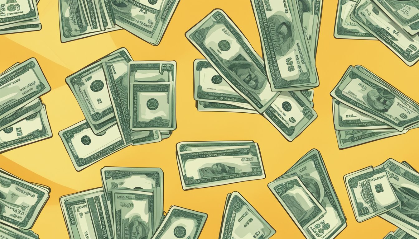 A stack of cashback cards arranged in a fan shape, with the "Fine Print" prominently displayed in bold lettering. The cards are surrounded by symbols of money and rewards