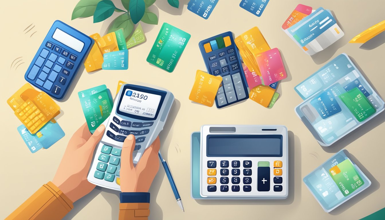 A person comparing different cashback cards, surrounded by various card options and a calculator