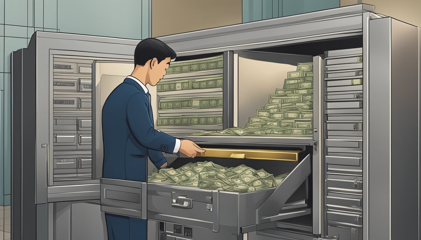 A bank teller placing a large sum of money into a secure vault in a Singaporean bank
