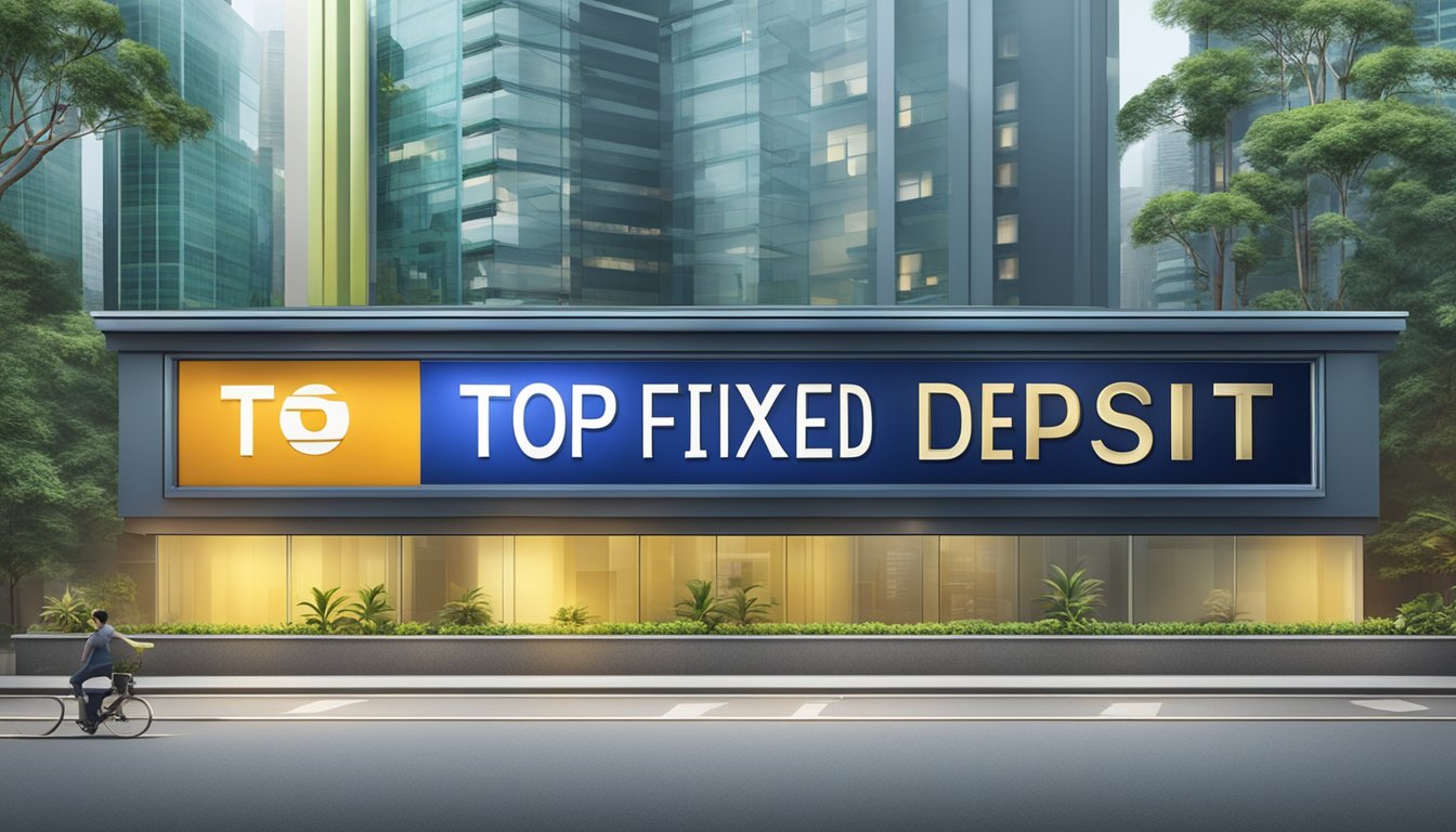 A bank sign displays "Top Fixed Deposit Rates" in Singapore