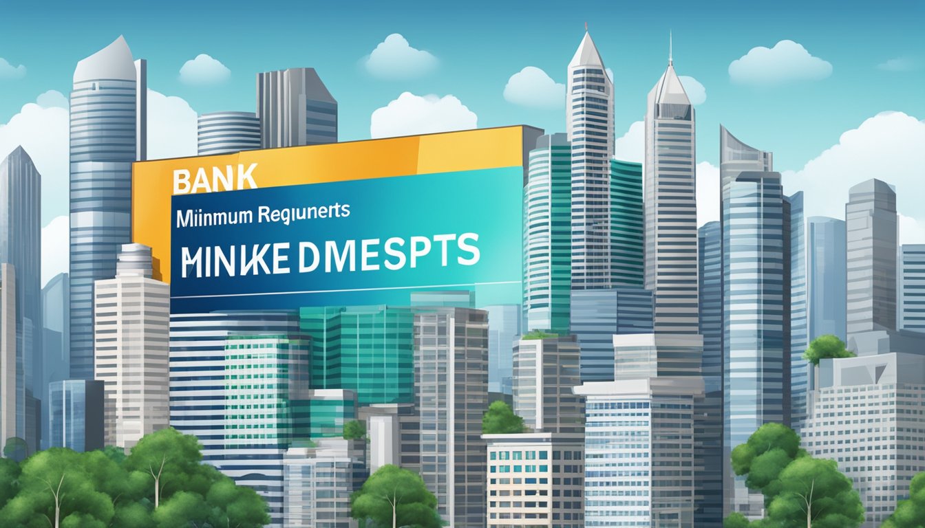 A bank sign displays "Minimum Requirements and Tenures highest fixed deposit Singapore" with a background of a modern city skyline