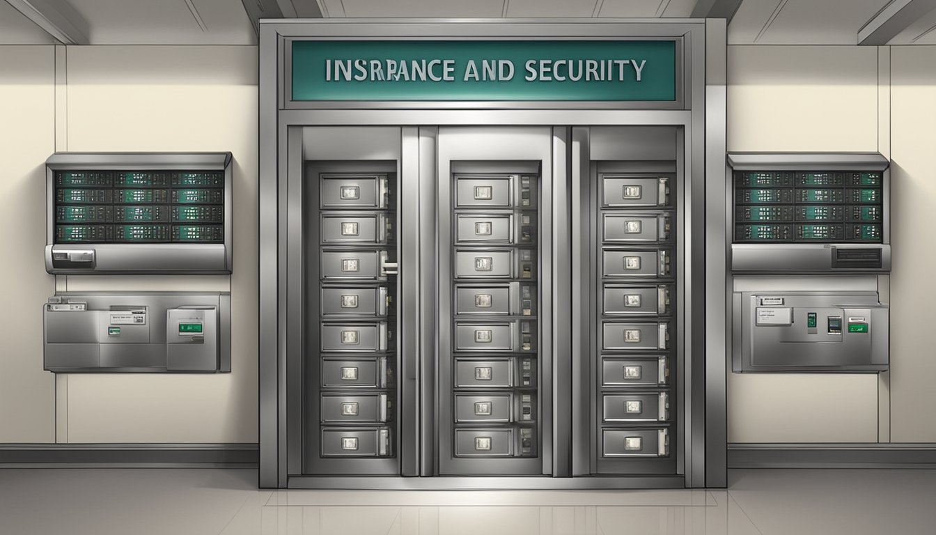 A bank vault with a large sign displaying "Insurance and Security for Depositors" above rows of fixed deposit boxes in Singapore