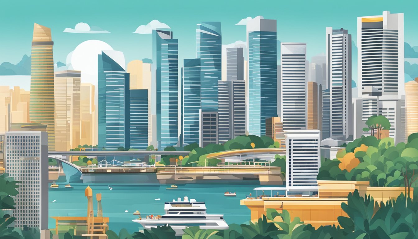 A bustling Singapore skyline with towering skyscrapers and corporate buildings, symbolizing the city's highest paying jobs