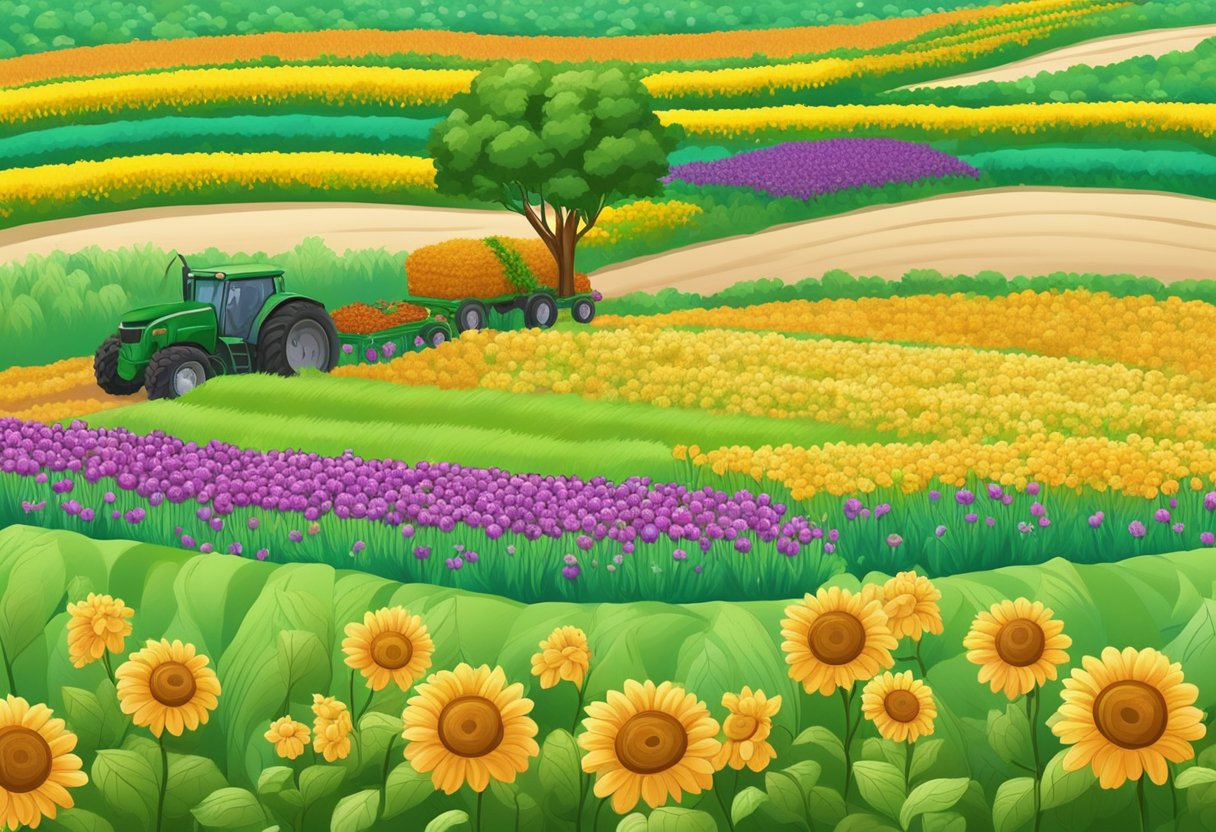 A fertile field with blooming flowers and abundant harvest, representing success and prosperity in business ventures