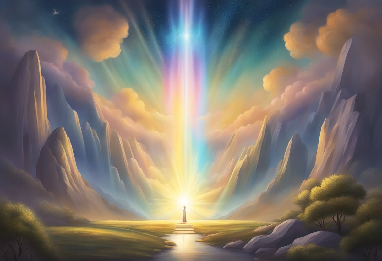 A glowing, ethereal light envelops a thriving business, emanating from a divine source above, symbolizing the spiritual blessings and abundance bestowed upon the successful venture