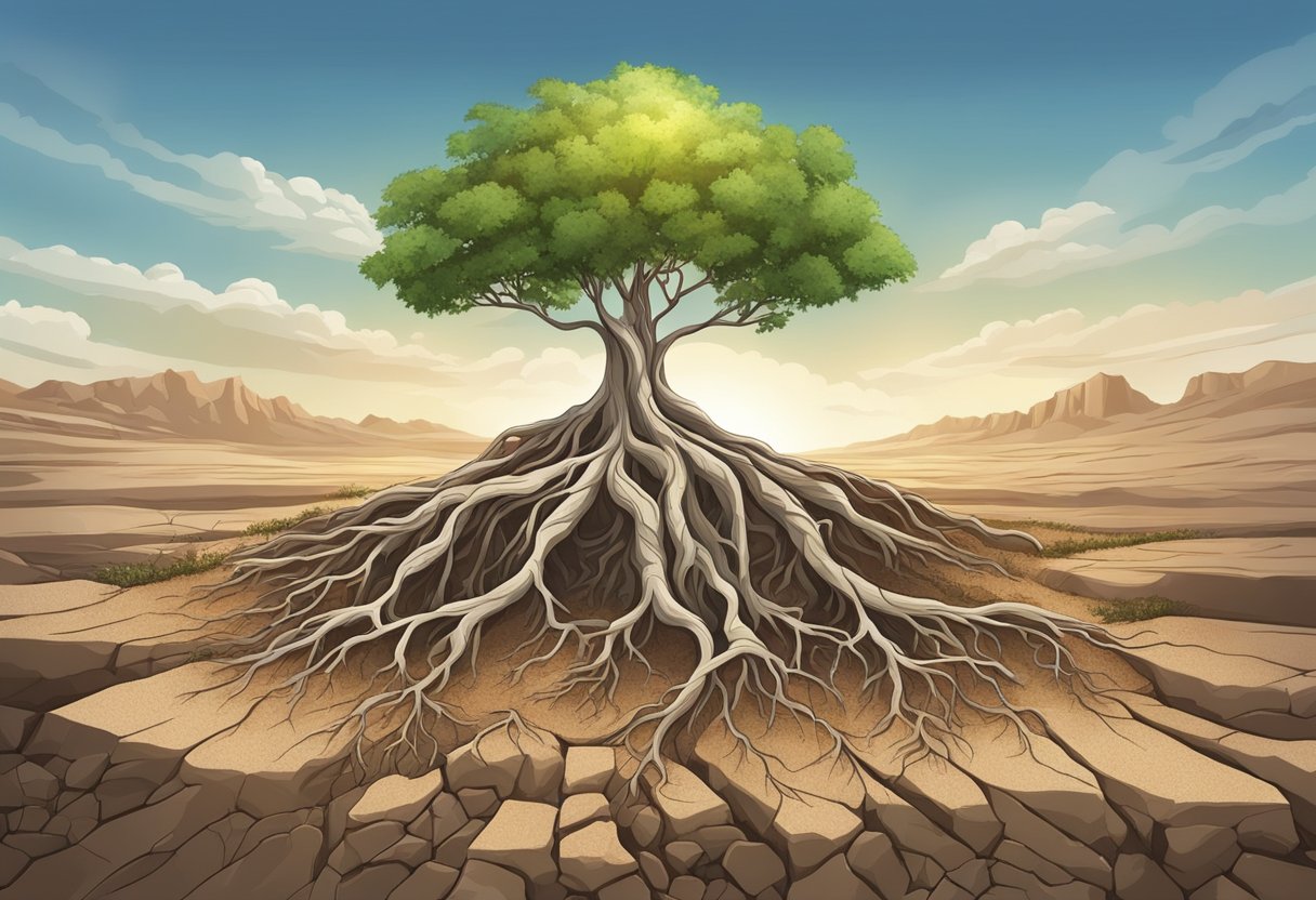 A flourishing tree with roots breaking through rocky ground, surrounded by barren soil turning fertile, under a bright sky