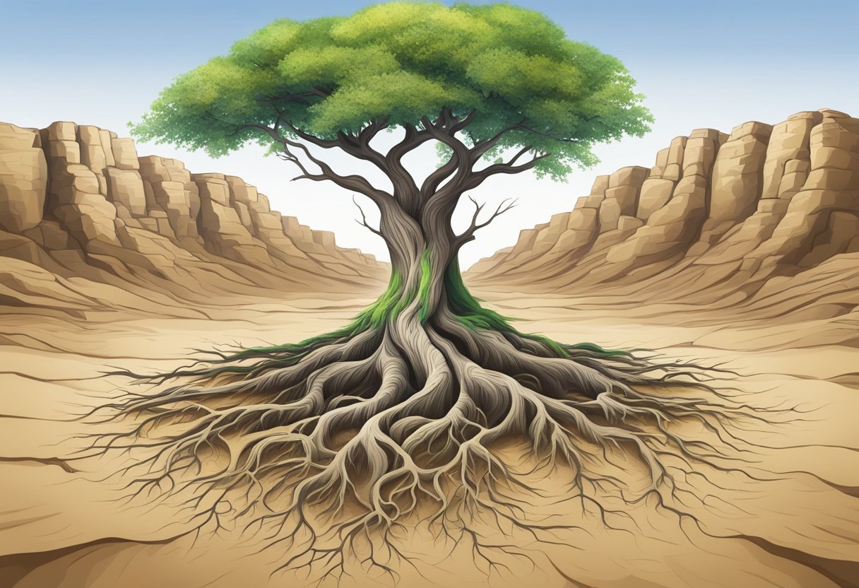 A flourishing tree with roots breaking through rocky ground, surrounded by barren land transforming into fertile soil