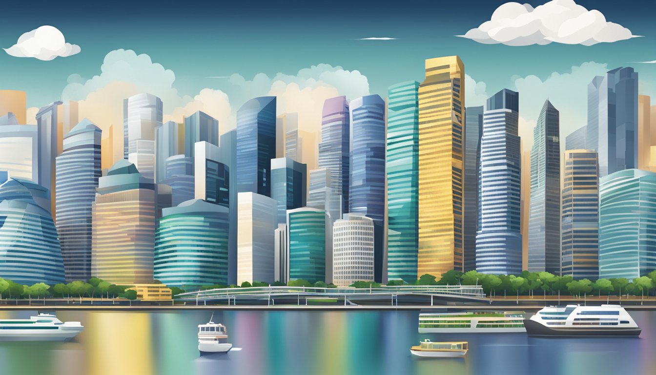 A bustling city skyline with prominent buildings representing top industries in Singapore, such as finance, technology, and healthcare