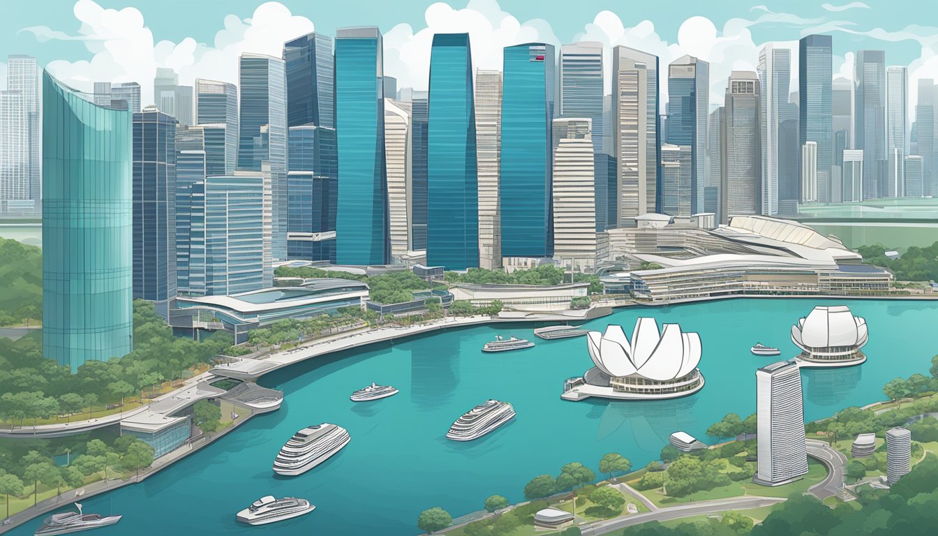 A bustling city skyline with prominent office buildings and a clear view of the iconic Marina Bay Sands, symbolizing the corporate and financial hub of Singapore