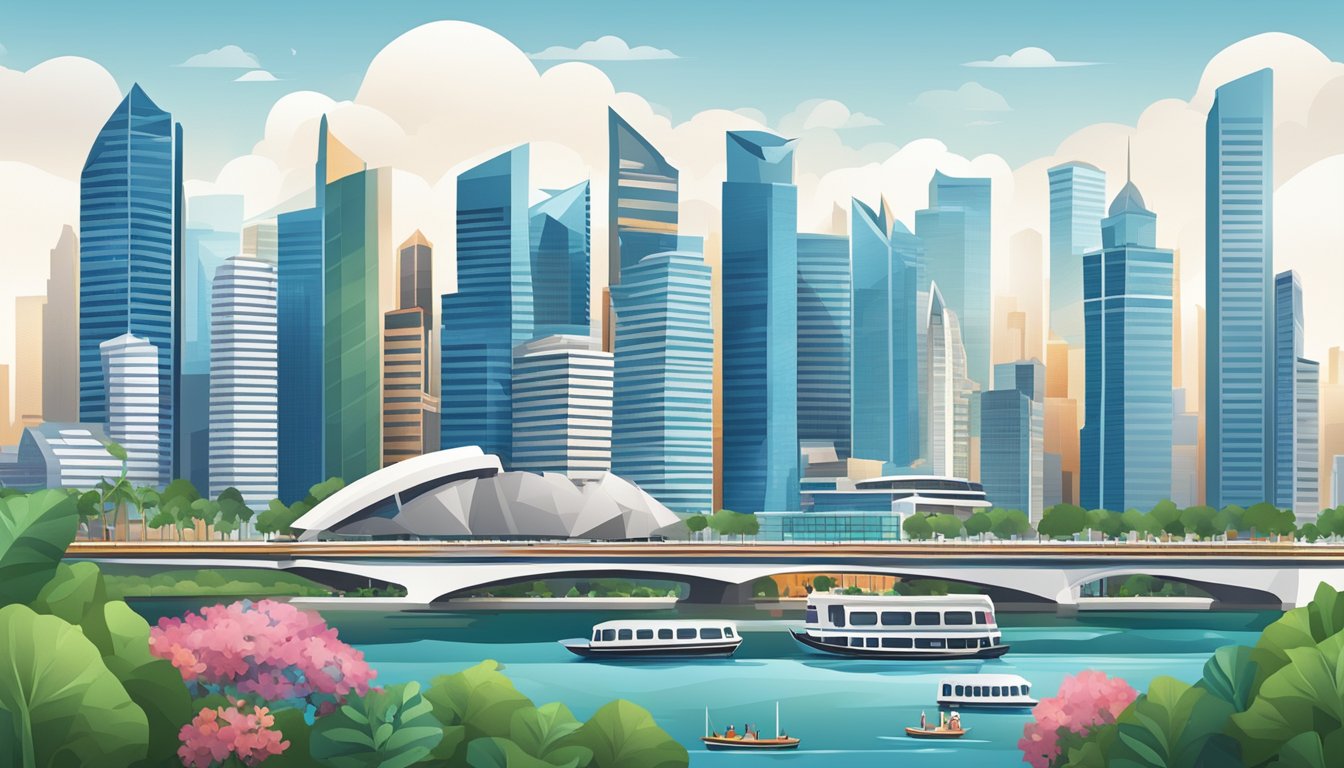 A bustling city skyline with iconic Singapore landmarks, surrounded by corporate buildings and financial institutions