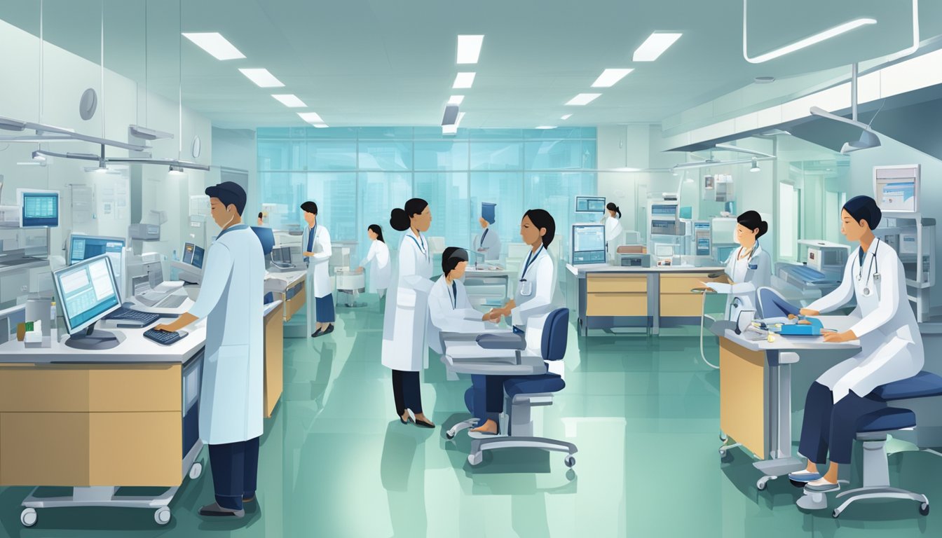 A bustling hospital in Singapore showcases top-paying medical careers. High-tech equipment and busy professionals illustrate the thriving healthcare industry