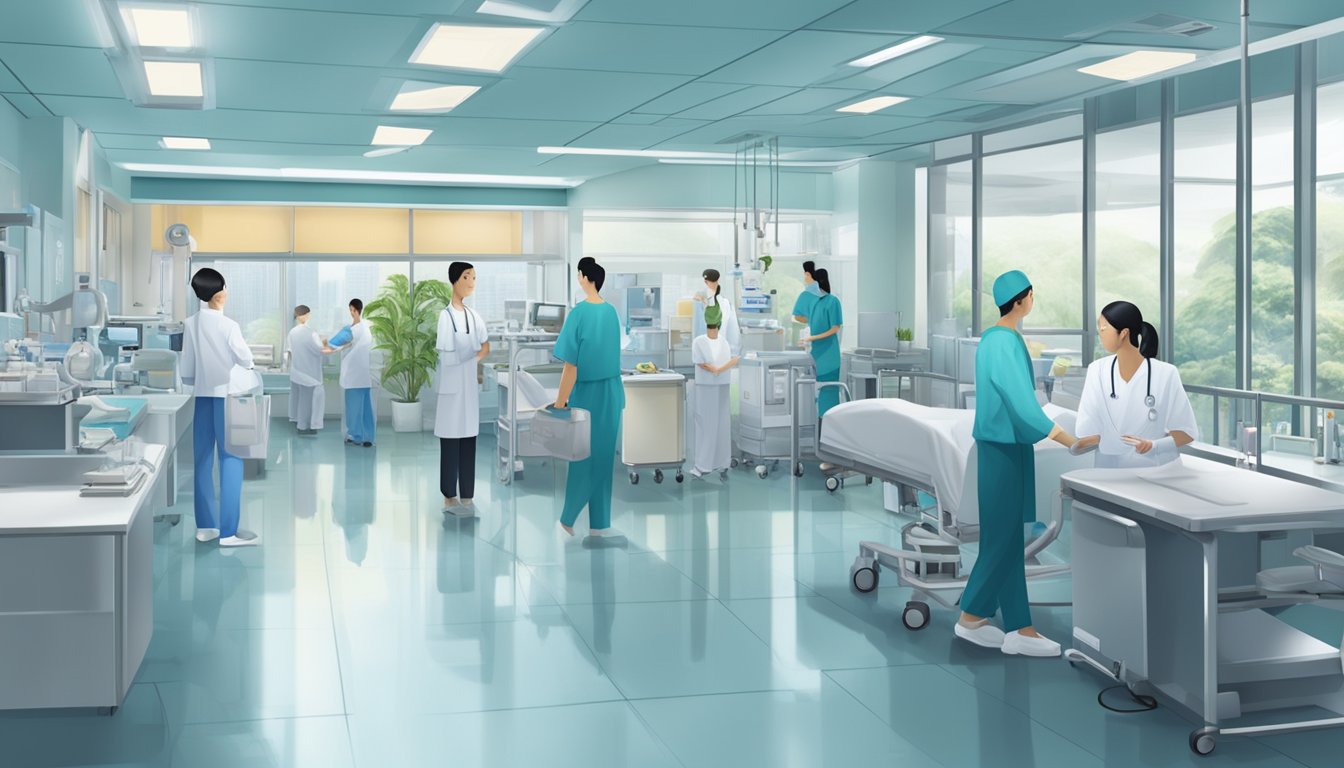 The bustling healthcare industry in Singapore, with top-paying medical jobs, is depicted through a modern hospital setting with state-of-the-art equipment and busy medical professionals