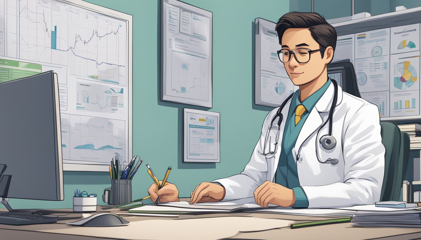 A doctor in a white coat and stethoscope sits at a desk, surrounded by medical charts and a computer. A sign on the wall reads "Highest Paying Medical Jobs in Singapore."