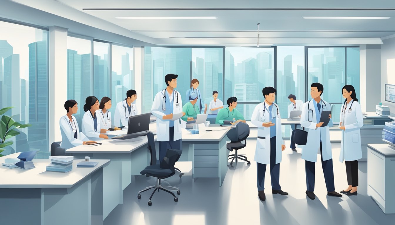A bustling medical office in Singapore, with professionals in white coats and stethoscopes, answering questions about high-paying jobs