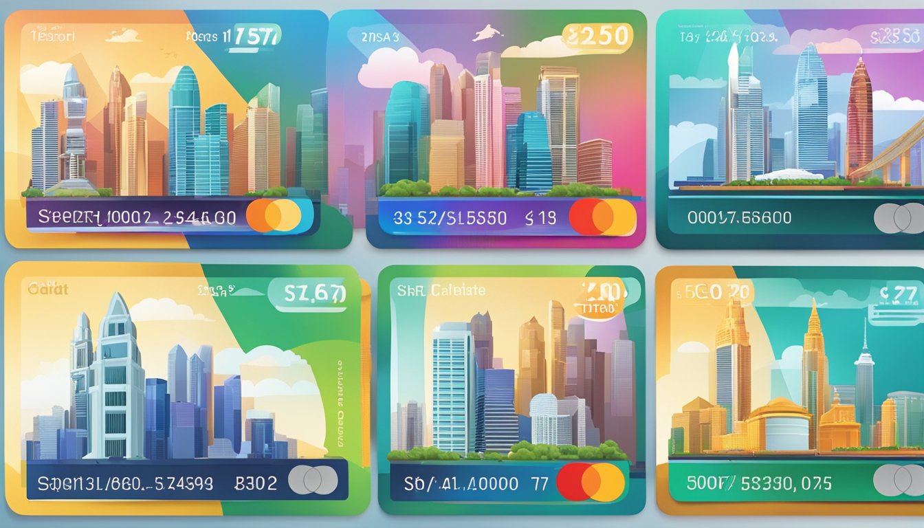 A stack of colorful credit cards with "Top Rebate" and "Highest Rebate" labels, set against a backdrop of iconic Singapore landmarks