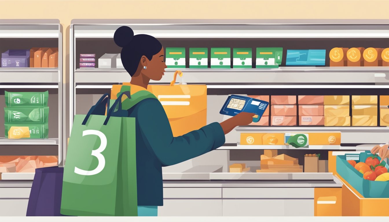 A person swiping a credit card at a grocery store checkout, with a prominent cashback symbol on the card and a receipt showing the amount of cashback earned