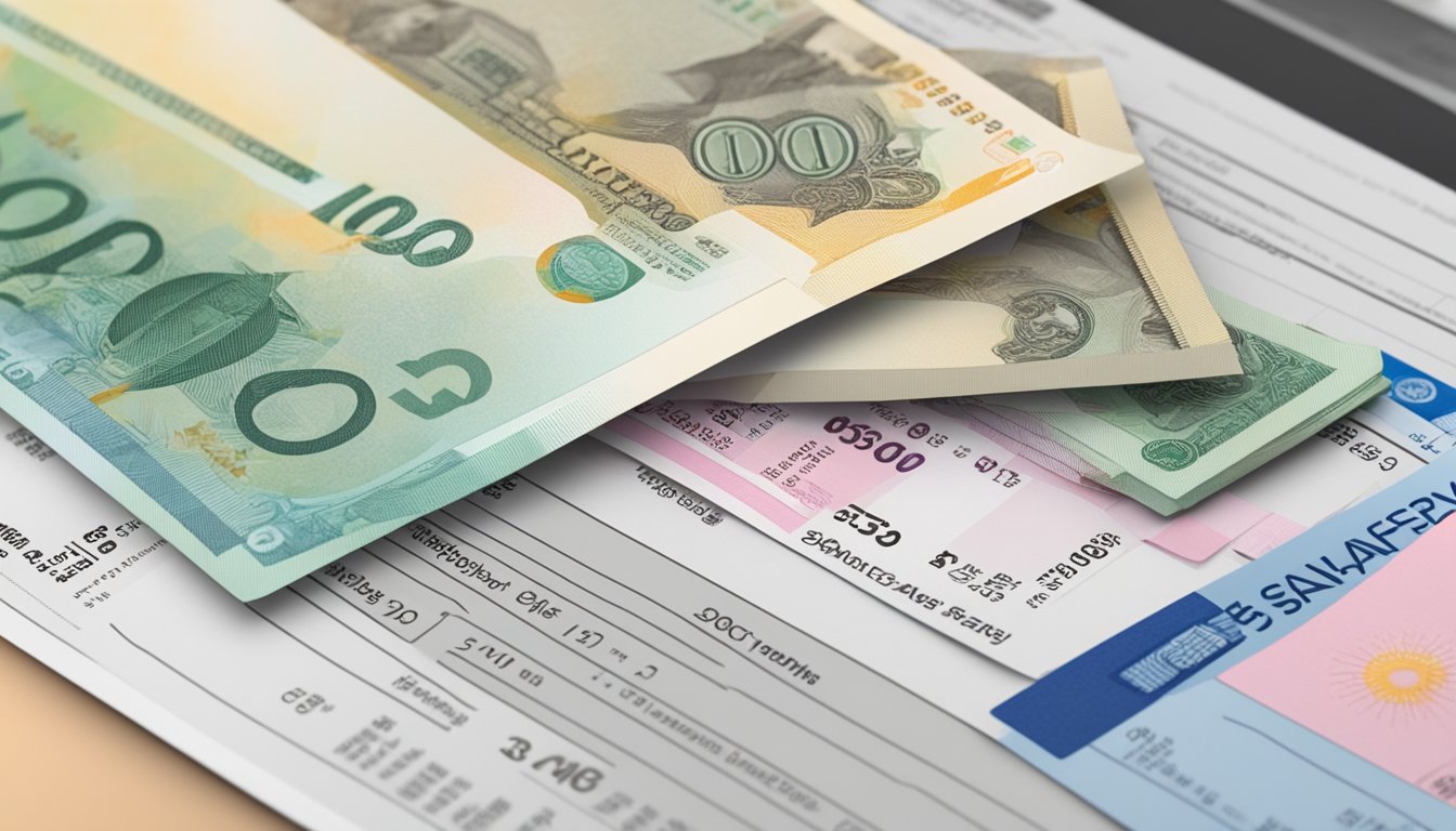 A stack of Singapore currency sits atop a bank statement, with a prominent "highest savings rate" label