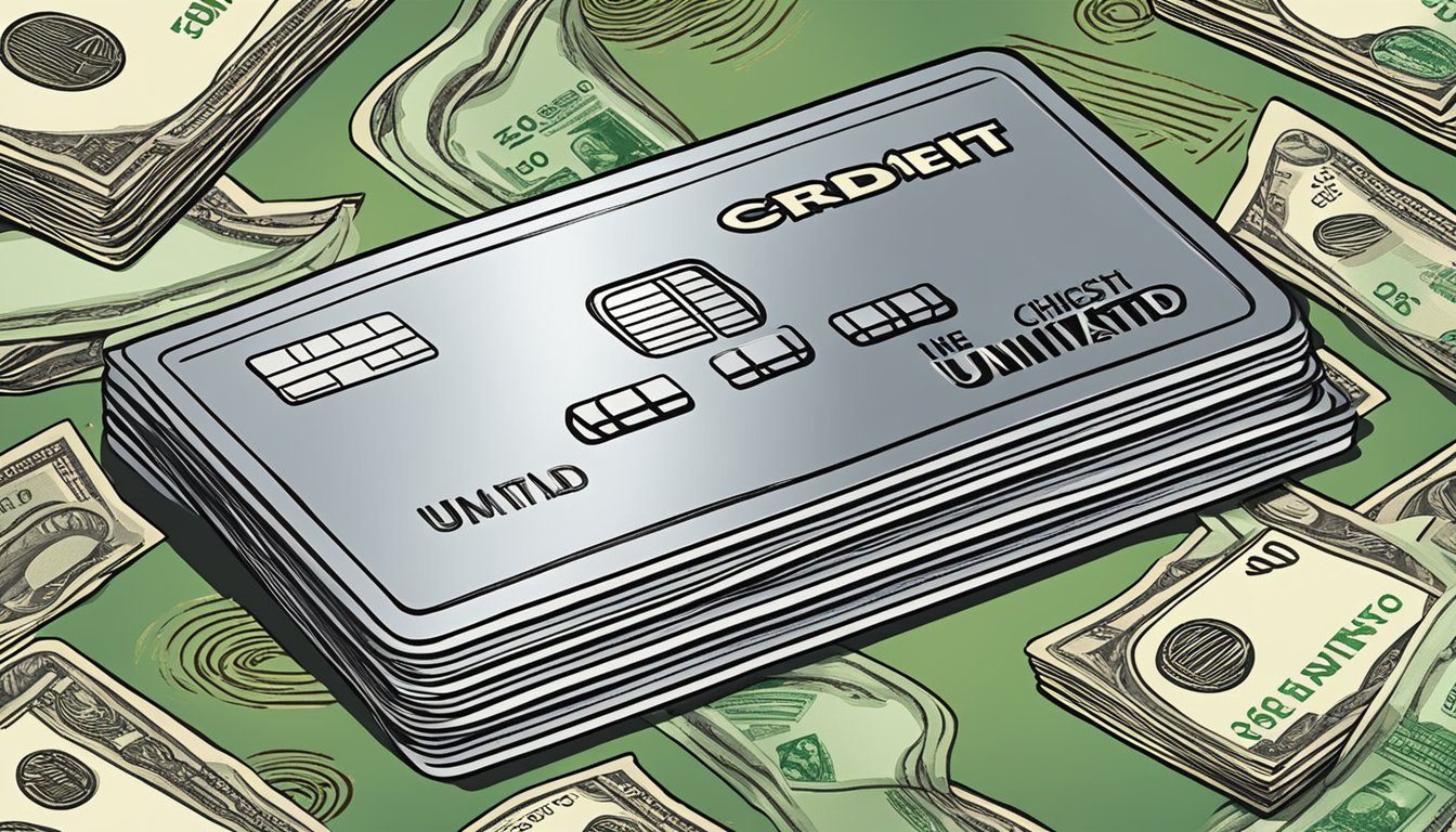 A gleaming credit card surrounded by stacks of cash, with the words "highest unlimited cashback" prominently displayed