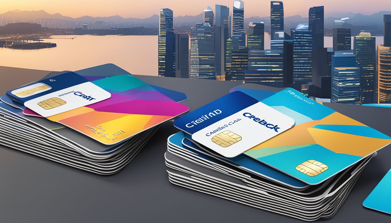 A stack of credit cards with "Unlimited Cashback" emblazoned on them, set against the Singapore skyline