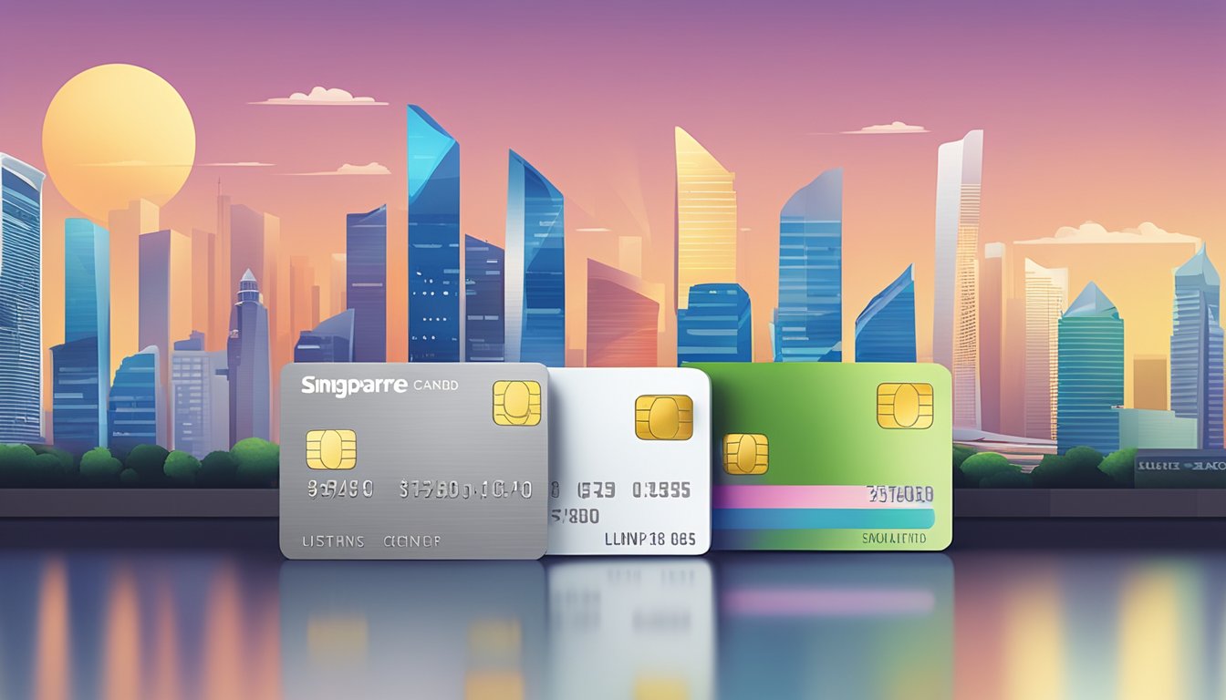 A stack of credit cards with "Unlimited Cashback" prominently displayed, set against a backdrop of the Singapore skyline