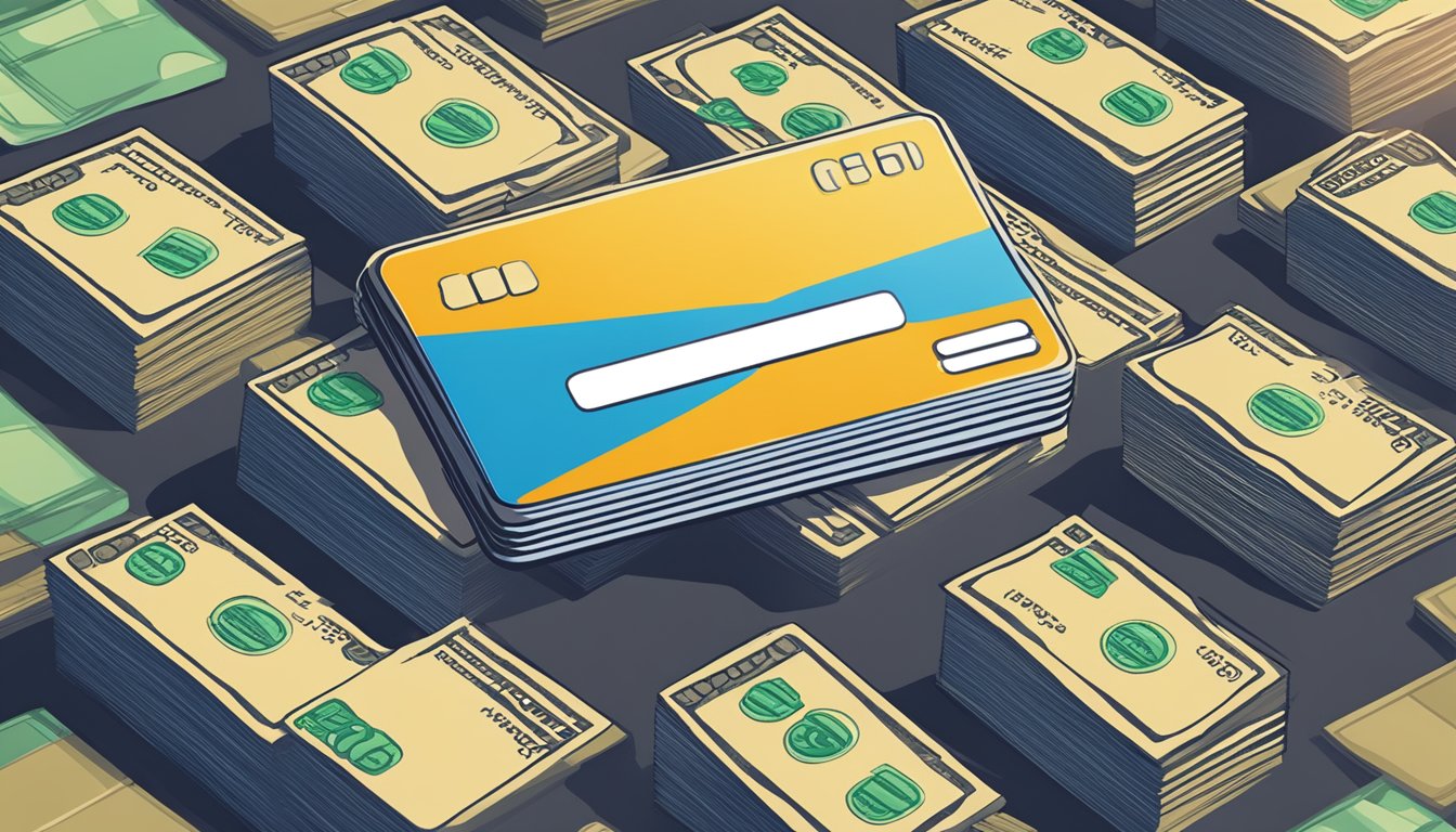 A credit card surrounded by stacks of cash, with a cashback percentage sign hovering above it