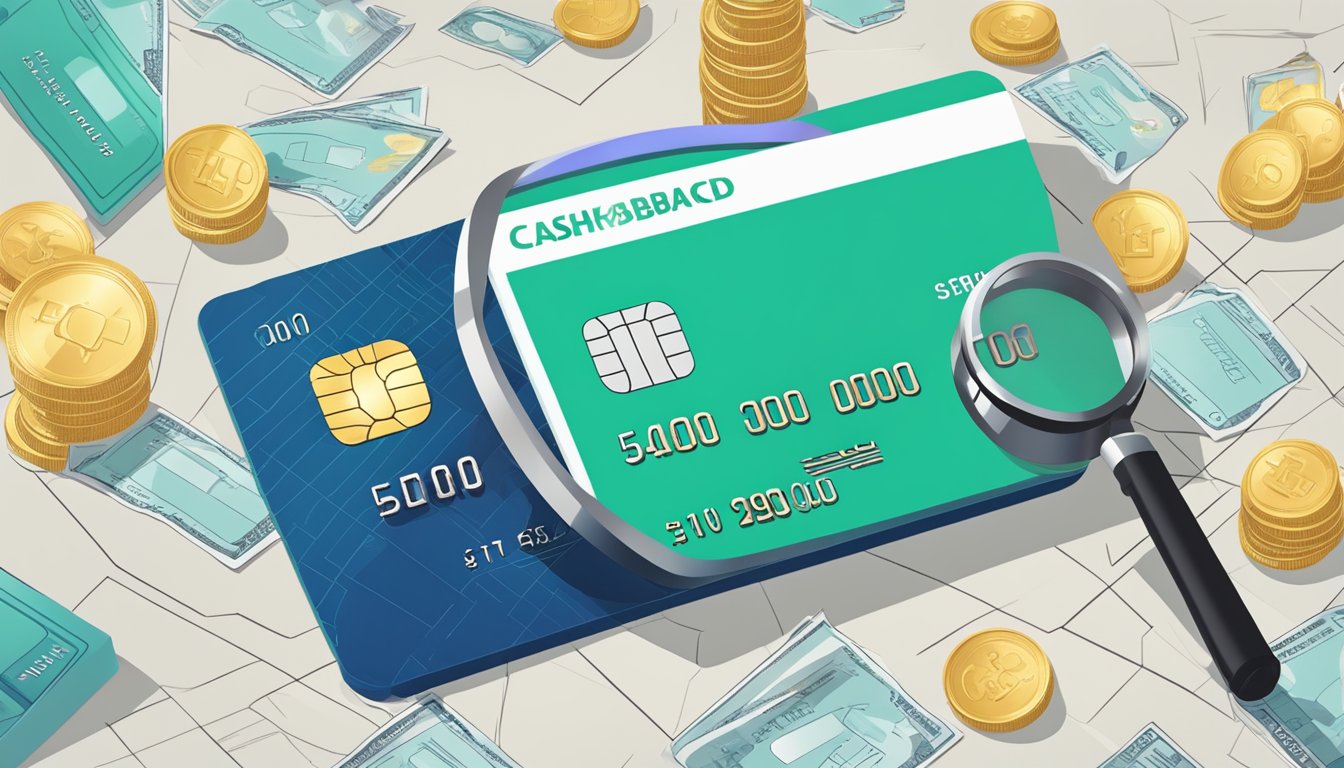A credit card surrounded by fine print, with a magnifying glass highlighting the unlimited cashback offer