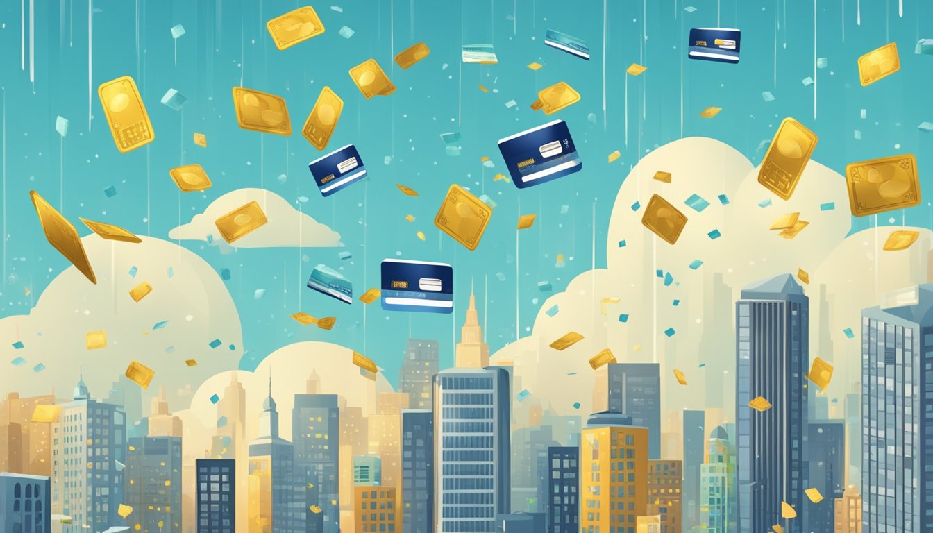 A credit card floating above a city skyline, with cashback raining down from the sky onto happy, smiling consumers below