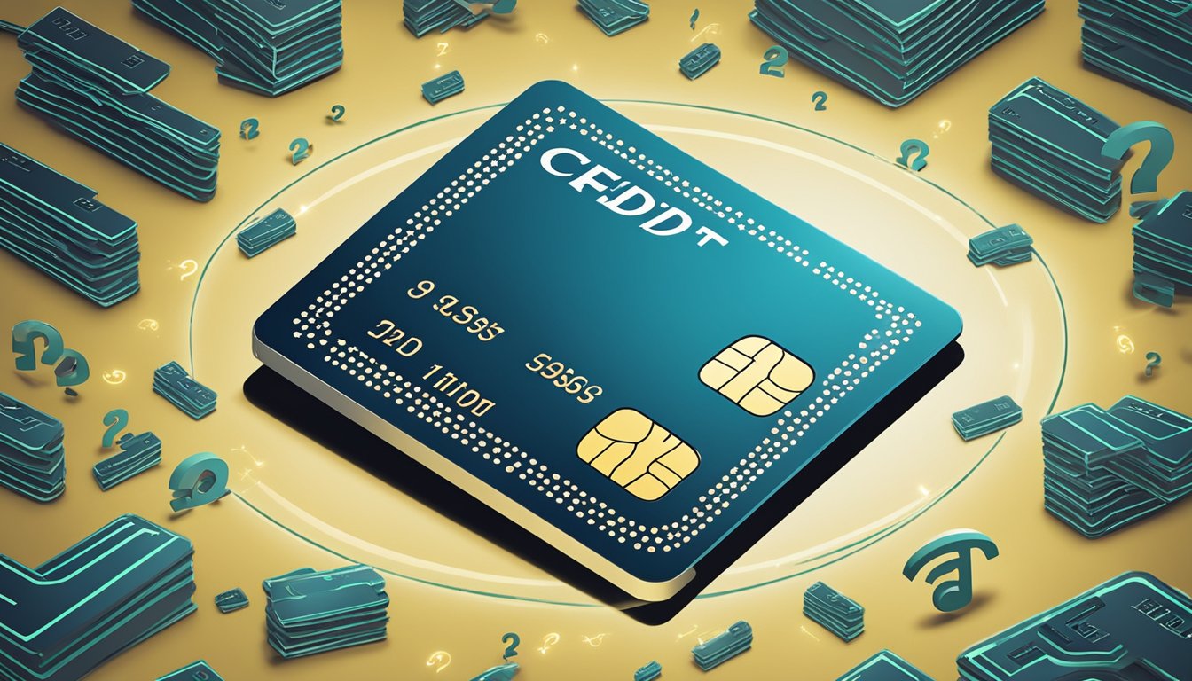 A credit card surrounded by question marks, with a spotlight shining on it, and a sign reading "Highest Unlimited Cashback" in the background