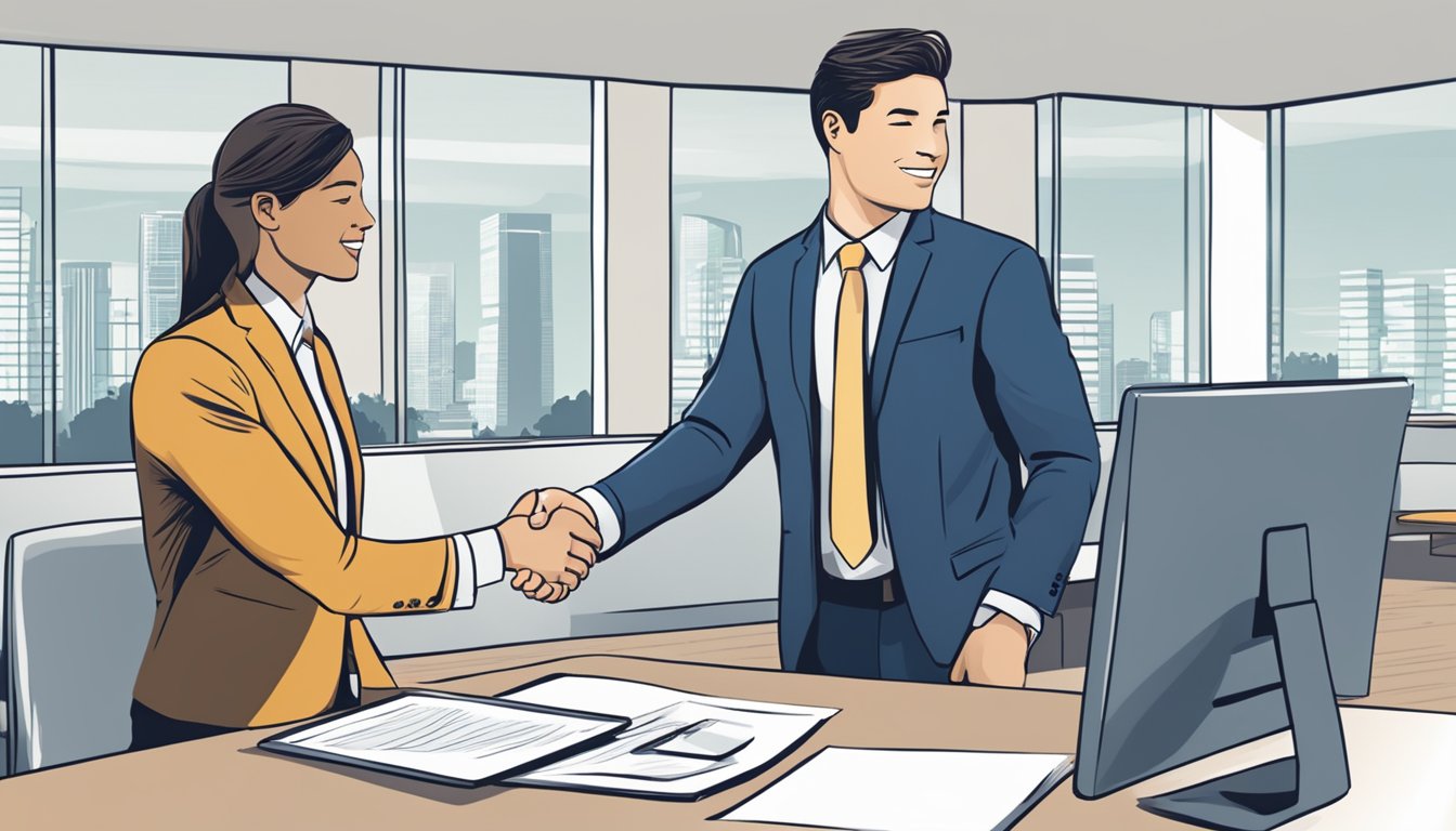 A person in a business suit shaking hands with a client in a modern office setting, with a sign that reads "Launching Your Career as a Financial Advisor" in the background