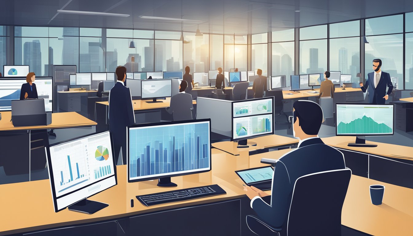 A bustling office with people in business attire discussing financial strategies and analyzing market trends. Computer screens displaying graphs and charts, while the atmosphere is focused and professional