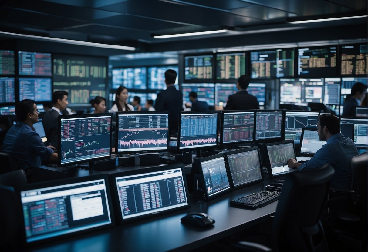 A busy trading floor with digital screens displaying various cryptocurrency exchange rates and customer service representatives assisting clients