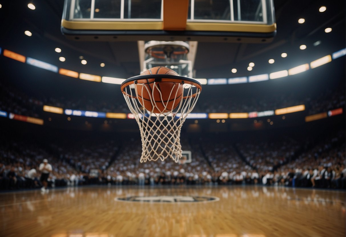 A basketball soaring through the air, surrounded by iconic basketball jerseys and championship trophies