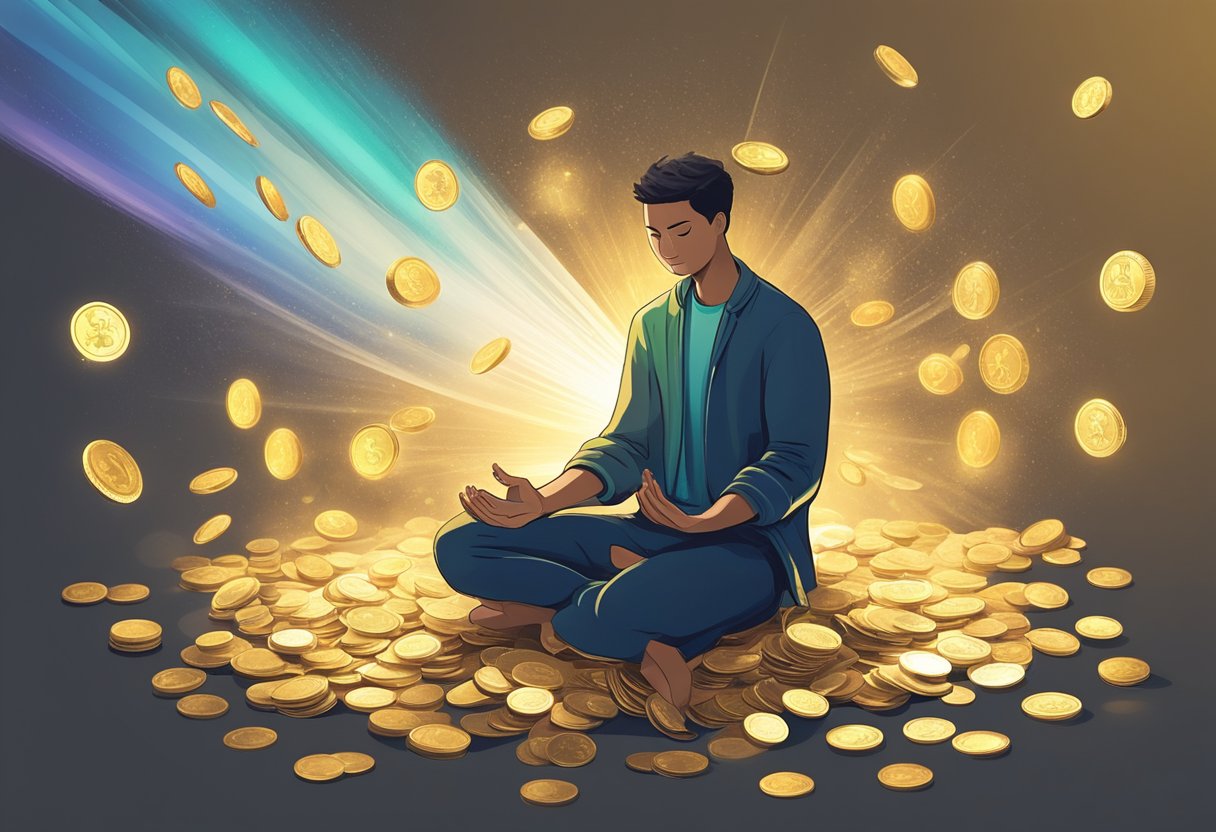 A person kneels in prayer, surrounded by a glowing aura, as golden coins and bills float around them, shielded from financial instability