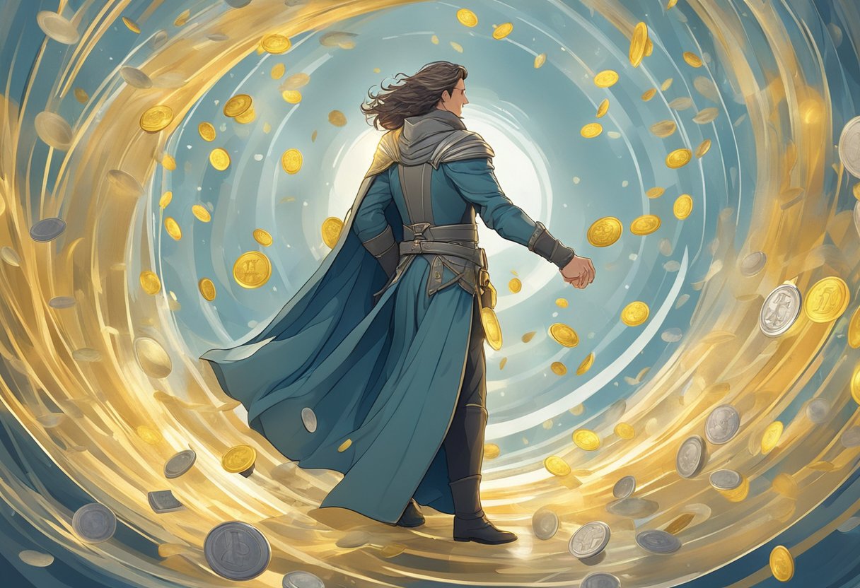 A figure surrounded by a glowing shield, standing confidently amidst swirling winds and falling coins